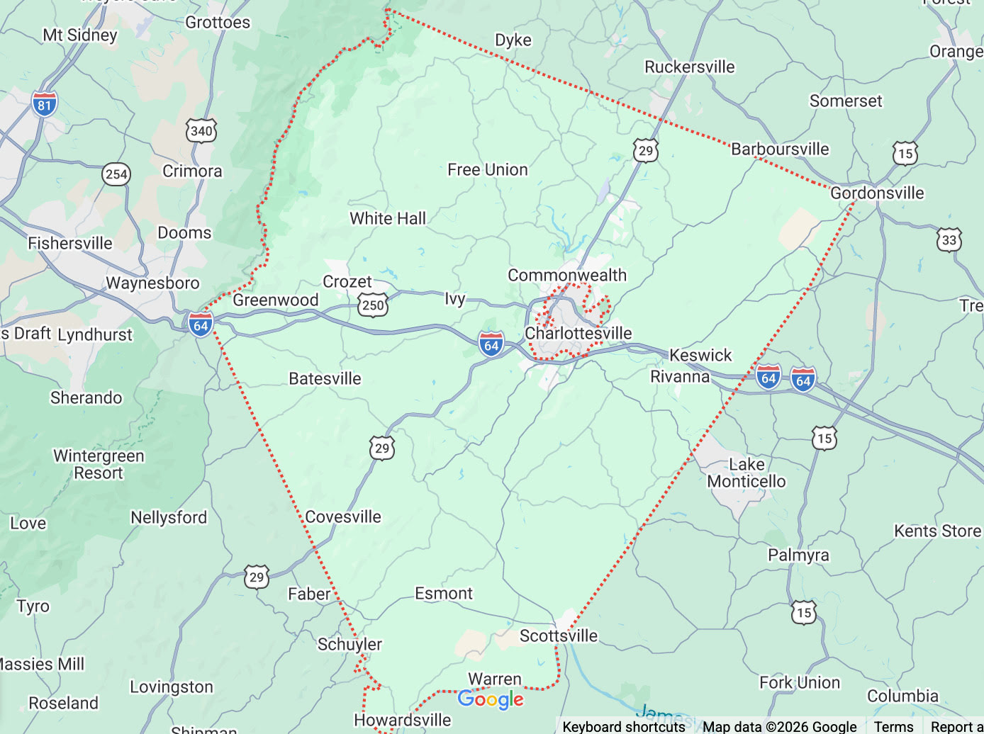 Albemarle County and Charlottesville Service Area Map